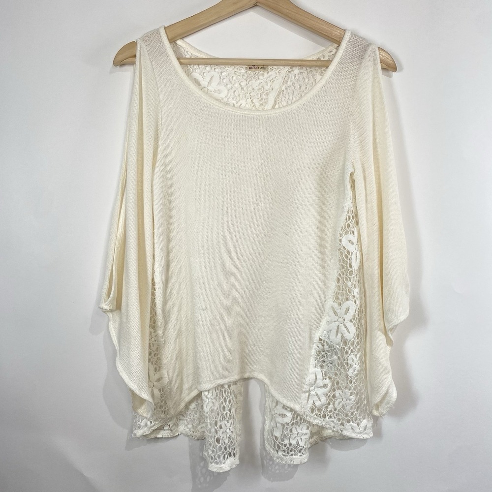 Hollister Womens Y2K Cold Shoulder Boho Cottage Lace Back Top White Size S Sheer